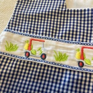 Lullaby Jon Jon with embroidered golf carts. Blue and White Checkered Kids.